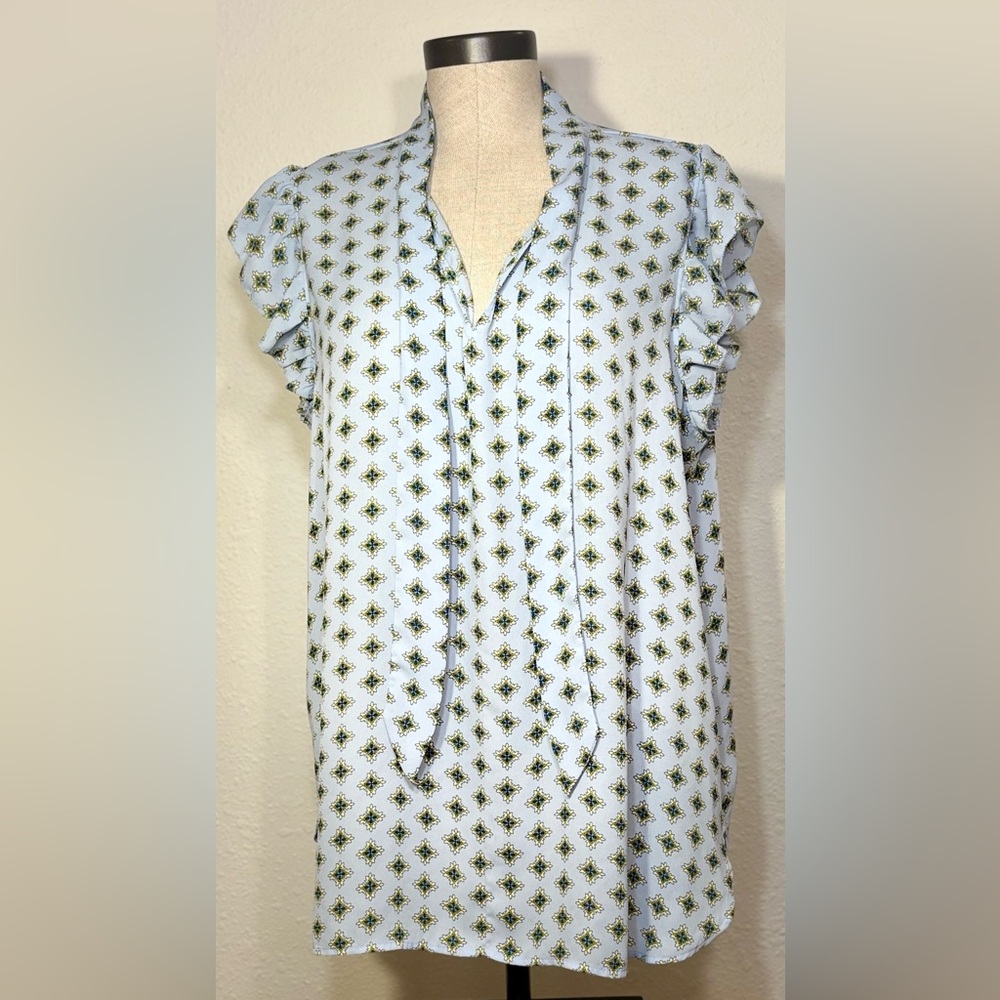 LOFT Light Blue Printed Ruffle Sleeve Women's Top - Sz XL